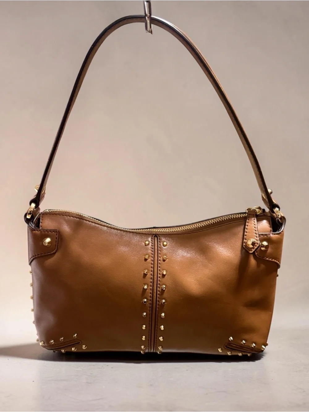 Michael Kors Chestnut Brown Leather Shoulder Bag with Gold Studs